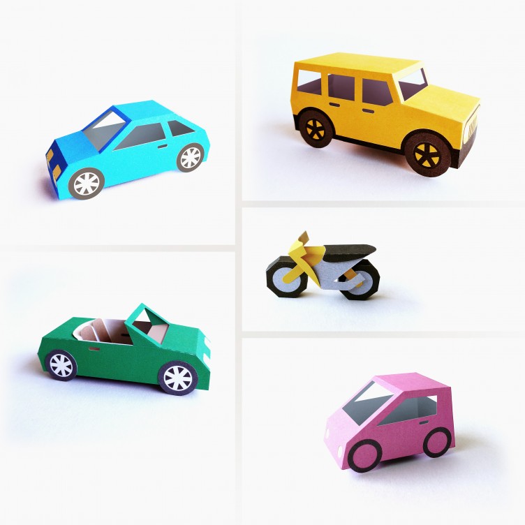 CARROS E MOTOCICLETA. 5 brinquedos de papel